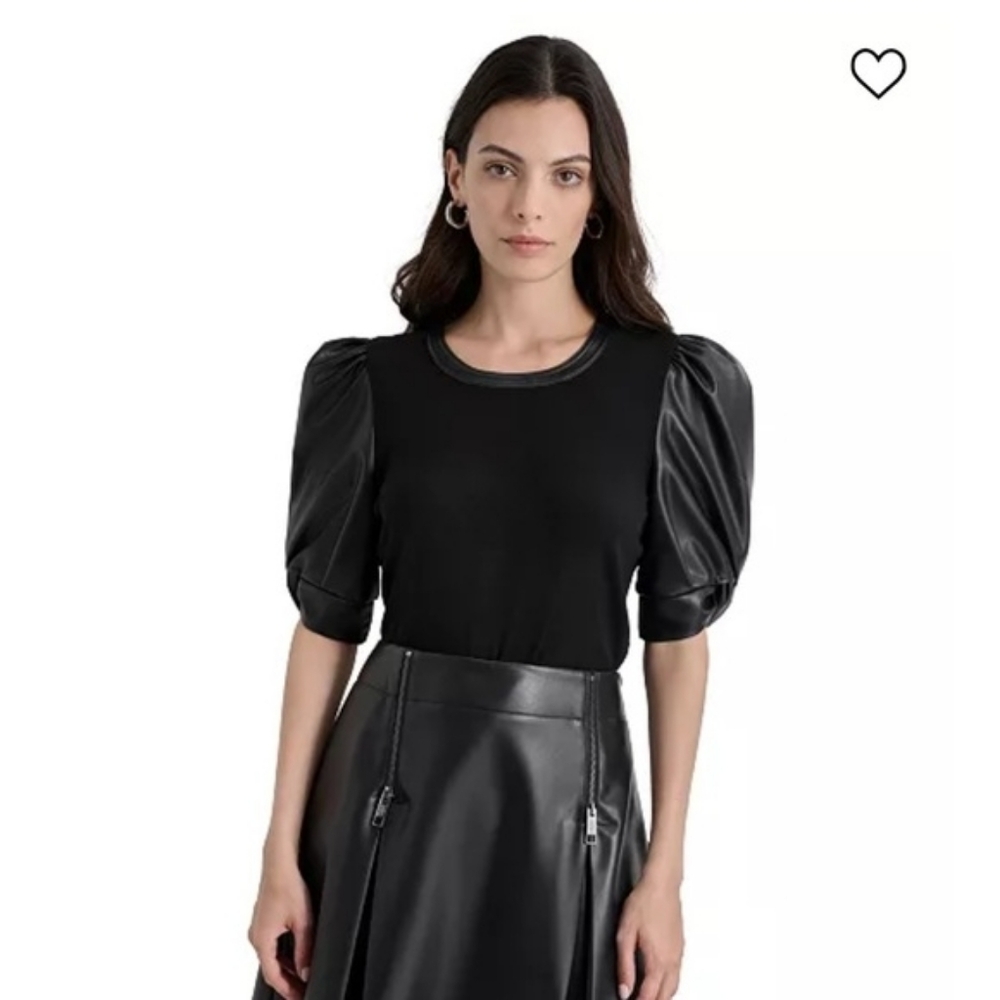 DKNY Black Faux Leathe Puff Sleeve Blouser Top Size Small NWT